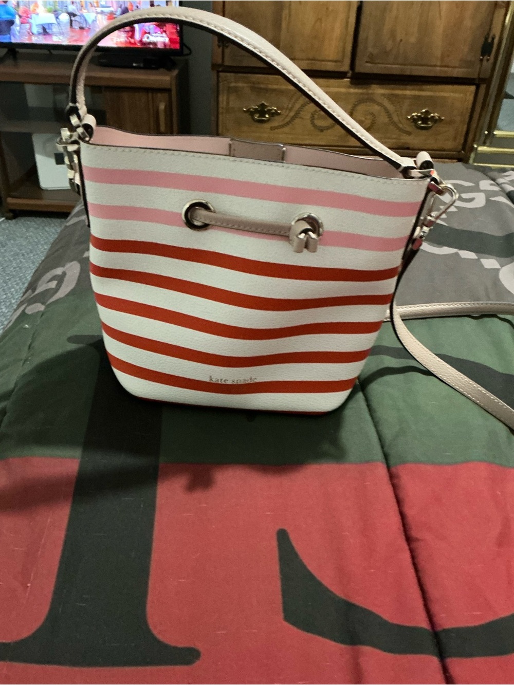 kate spade Pink and Orange Striped Leather Bucket Crossbody